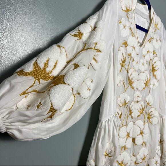 Yuliya Magdych Embroidered White Gold Mini Dress Cotton Silk Women’s Size M - Picture 4 of 10